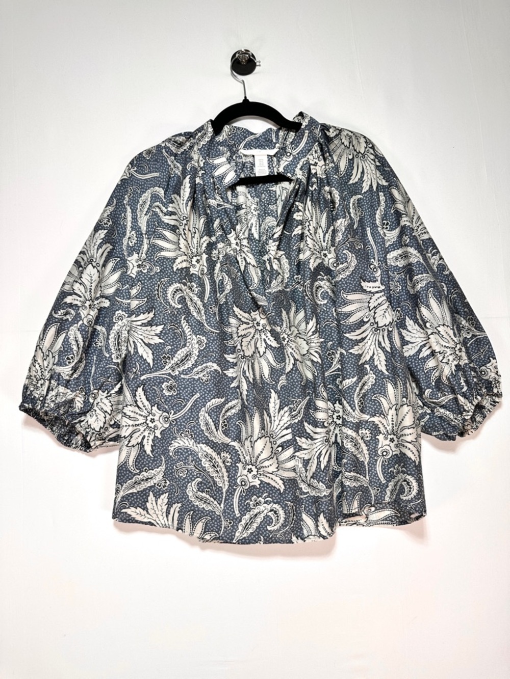 H&M Blue Floral Peasant Blouse V Neck Relaxed Fit Top Size XL